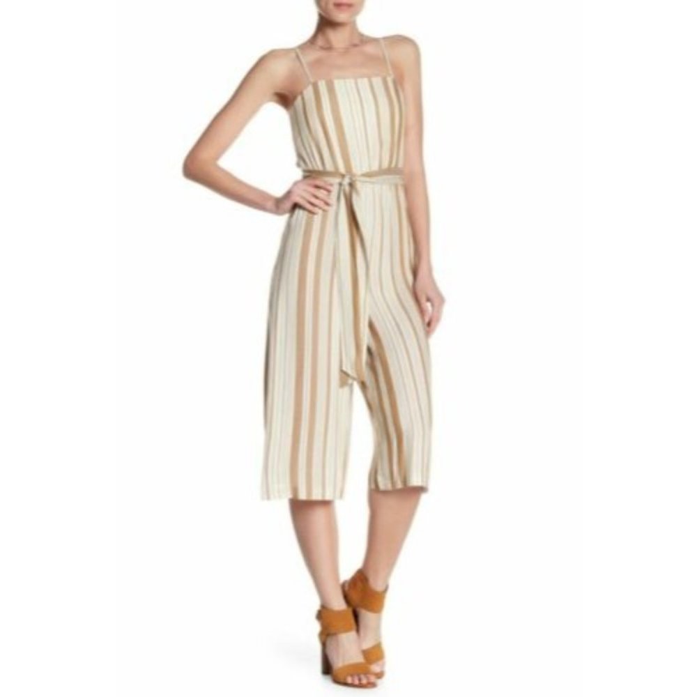Alice + Olivia Womens Wide Leg Jumpsuit Size 2 Tan Spaghetti Stripe Midi Soft